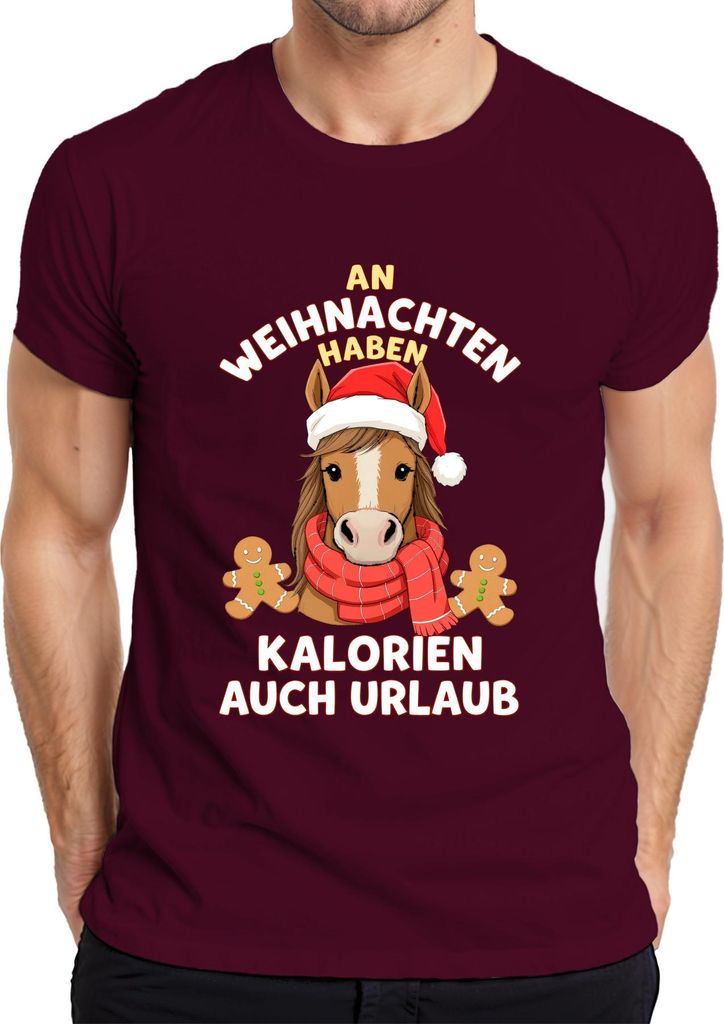 An Weihnachten haben Kalorien auch Urlaub Pferd Reiter lustig Herren T-Shirt, Burgundy, S