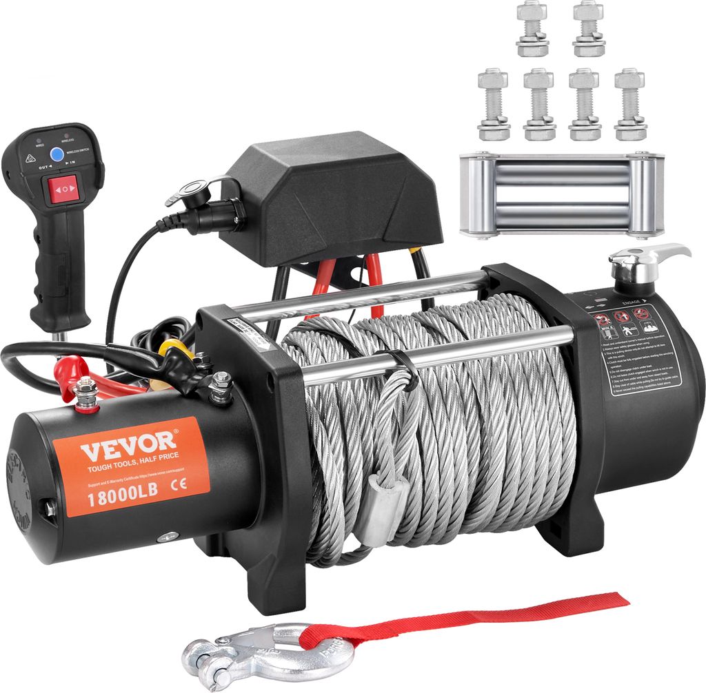 VEVOR Elektrische Seilwinde 12V 18000lbs/8Tonnen Offroad Motorwinde Seilzug Elektrowinde Stahlseil mit kabelloser Fernbedienung Schwarz Ideal für ...