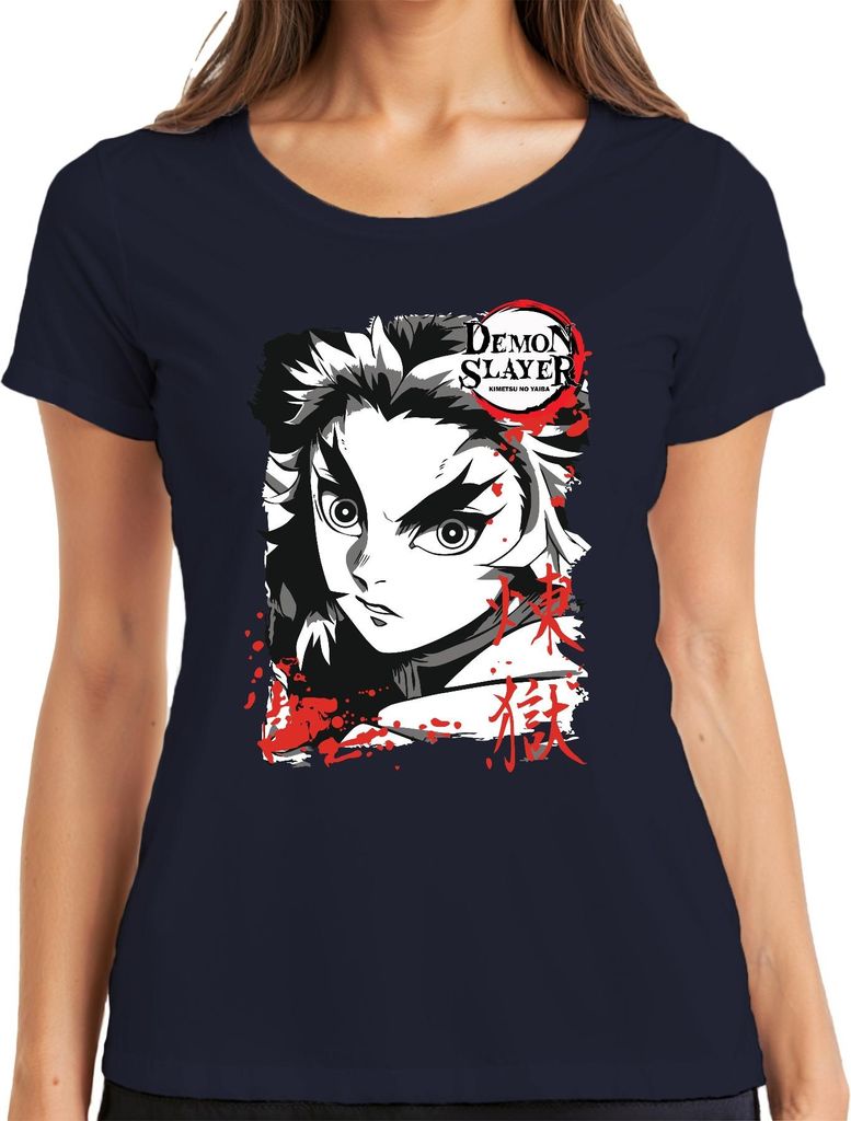 Demon Slayer Kimetsu no Yaiba Rengoku Feuer Anime Geschenk Damen T-Shirt, Navy, M