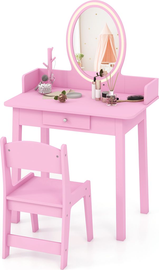 COSTWAY 2in1 Kinder Schminktisch mit Hocker, Beleuchtung, Schublade & Schmuck-Organizer, Frisiertisch Holz Prinzessin für Kinder ab 3 Jahren Rosa