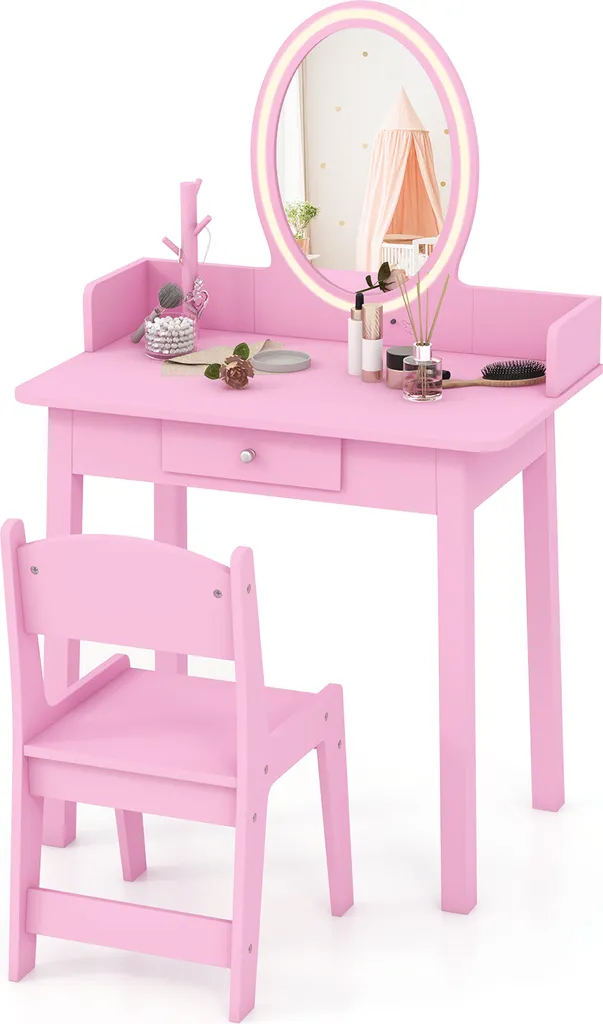 COSTWAY Tavolino da toilette per bambini 2in1 con sgabello, illuminazione, cassetto e organizer per gioielli, tavolino da toilette in legno da principessa per bambini dai 3 anni in su Rosa