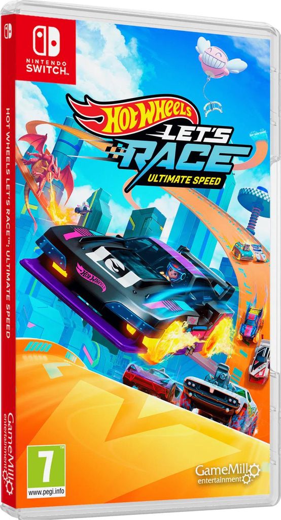 A video game case for Nintendo Switch featuring Hot Wheels Let's Race Ultimate Speed.