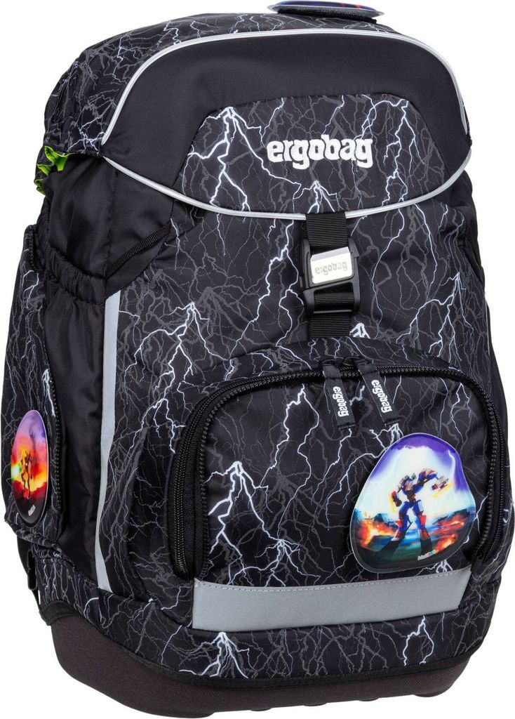 A black backpack with a lightning bolt pattern and colorful patches on the front.