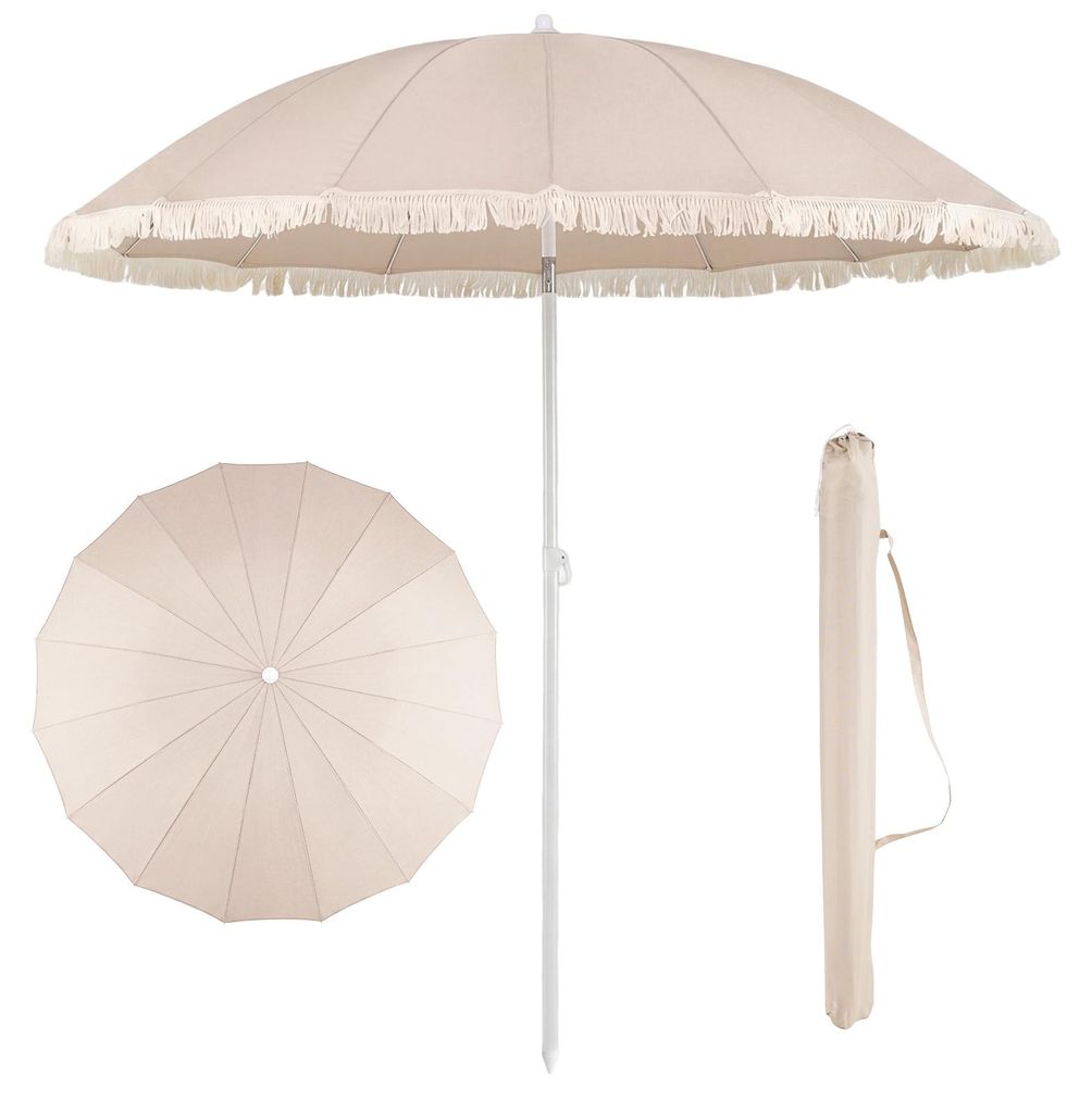 COSTWAY Sonnenschirm 200cm, Gartenschirm Boho mit Fransen & Tragetasche, beidseitig um 30° knickbar, Balkonschirm Terrassenschirm Marktschirm Beige