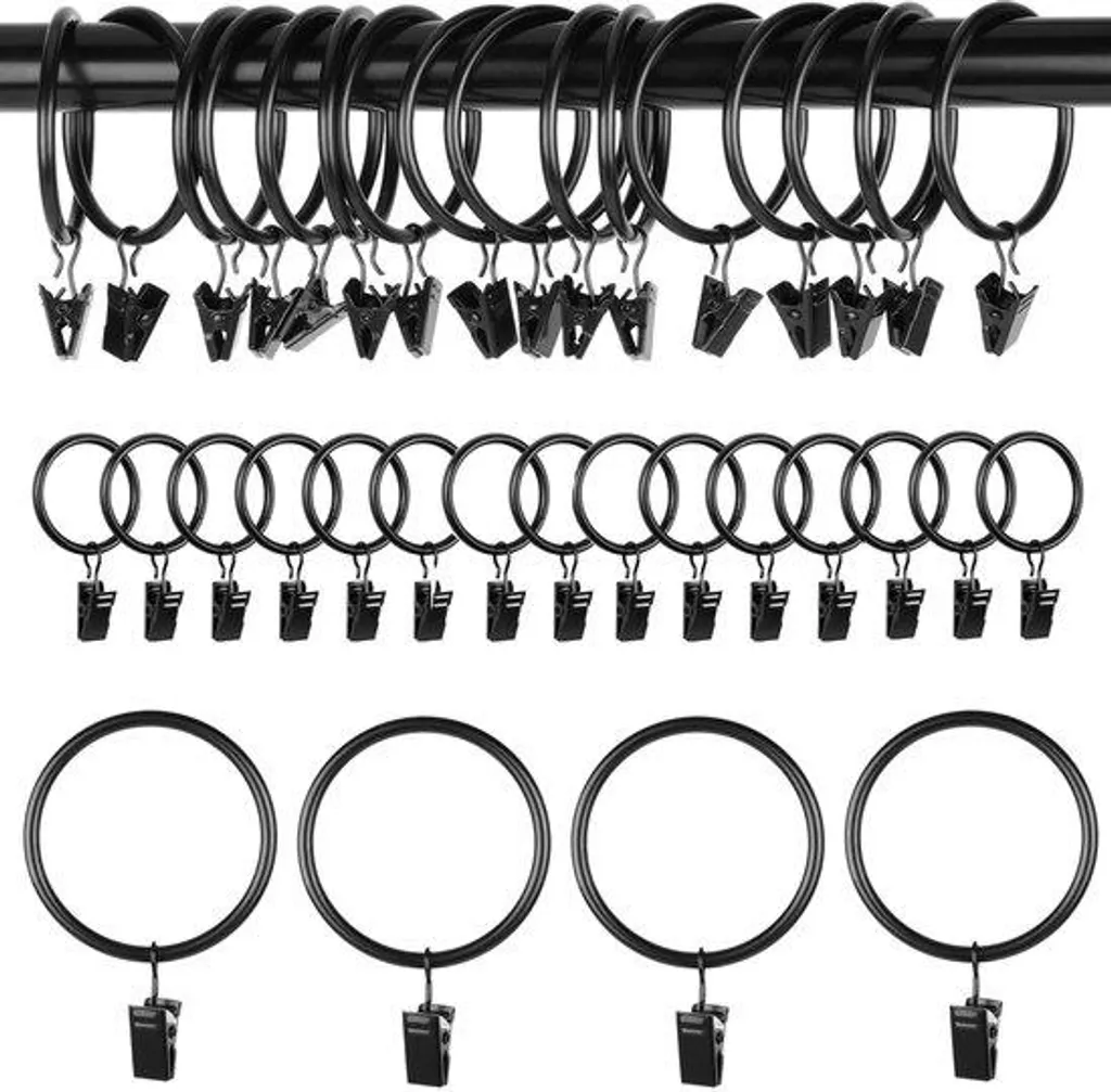 Lot de 45 anneaux pour rideaux de douche noirs en métal solide 32 mm