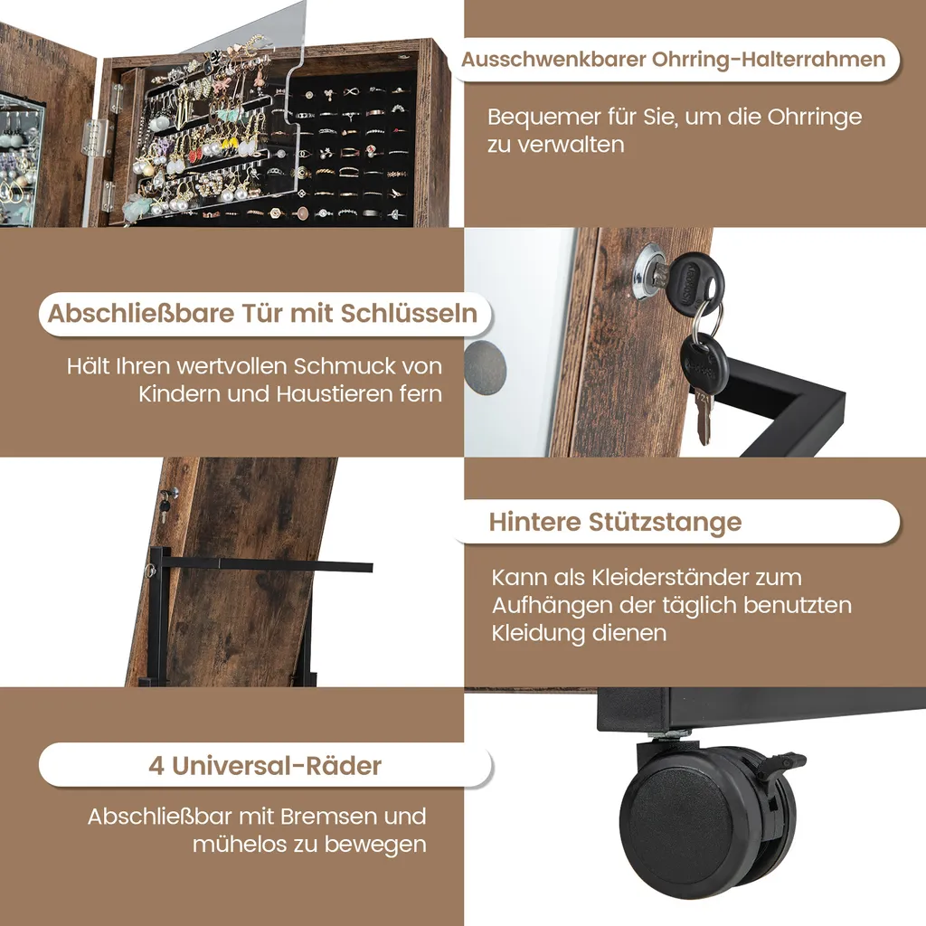 Miroir Psyché Armoire à Bijoux avec Éclairage LED et Rangement Brun - 3