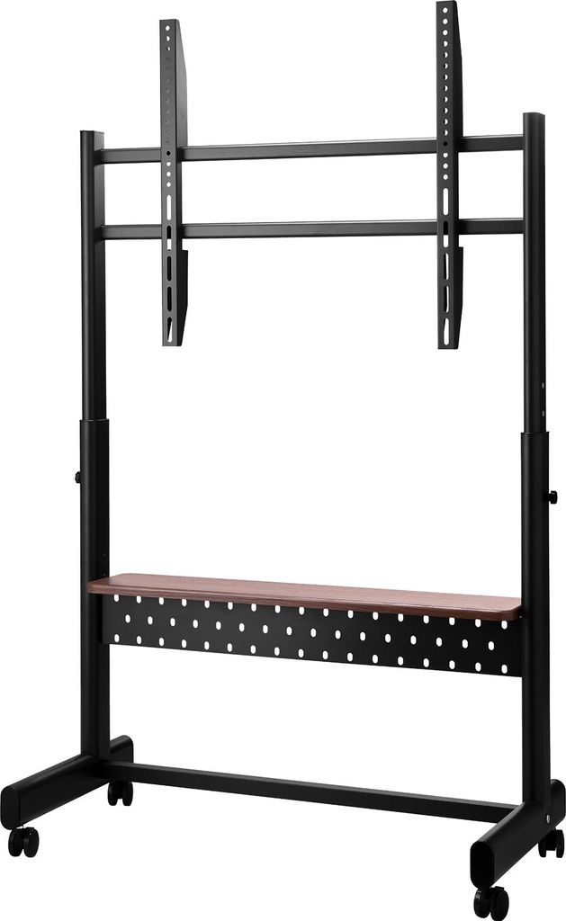 A black rolling TV stand with a wooden shelf is shown against a white background.