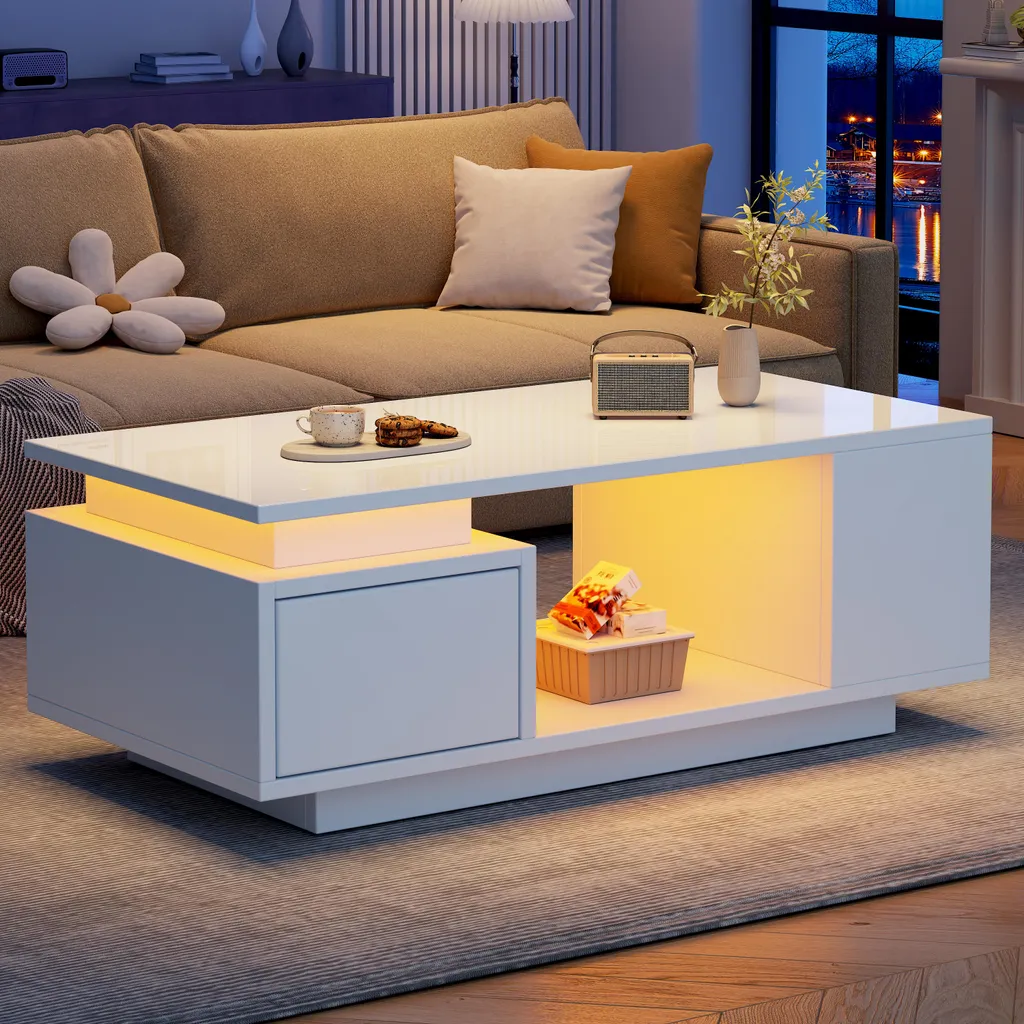 Tavolino Merax LED Bianco Lucido con Cassetto - Design Moderno Salotto