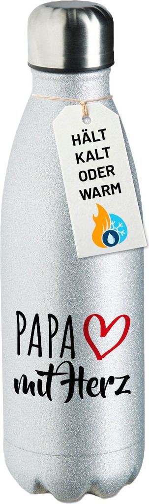 Huuraa Trinkflasche Papa mit Herz 500ml Silver Edelstahl Wasserflasche Trinkflasche Geschenkidee