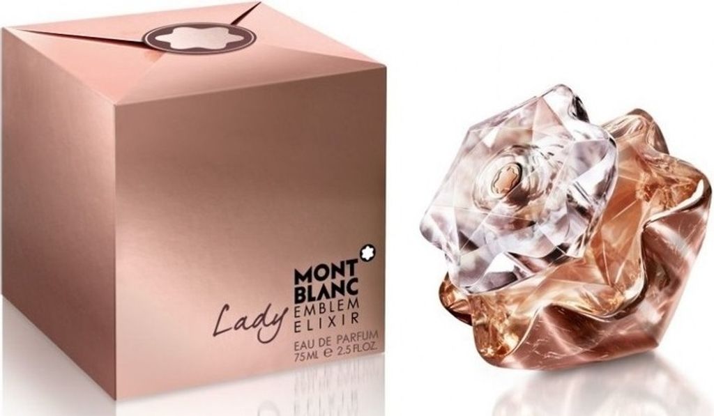 A product shot of Mont Blanc Lady Emblem Elixir Eau de Parfum for women, showing both the packaging and the perfume bottle.
