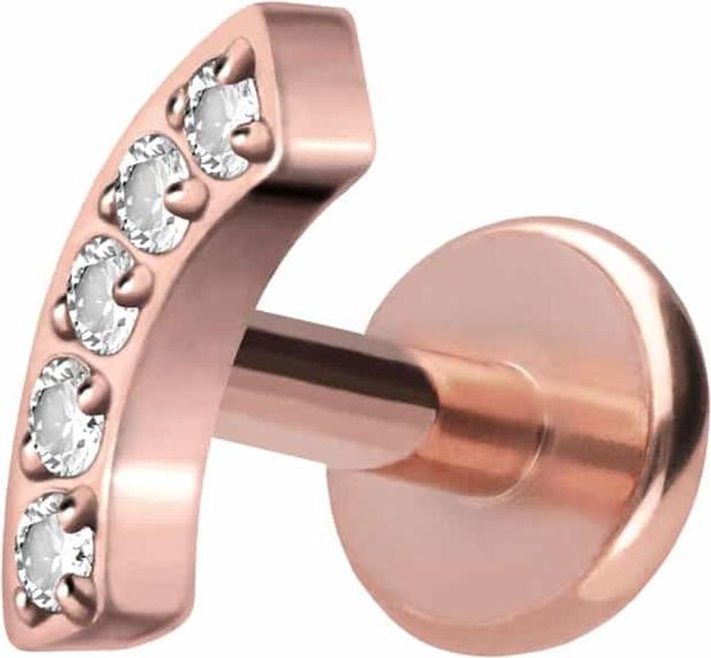 Ohrpiercing, Nasenpiercing Titan Labret mit Push Fit BOGEN + 5 KRISTALLE RoséGold Stablänge: 7mm | Stabstärke: 1,2mm