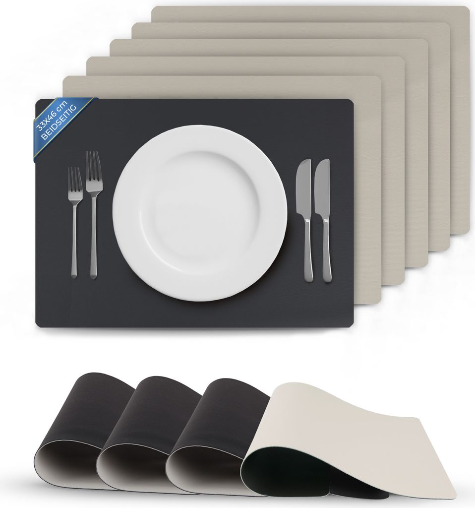 Tischsets Schwarz/Hellgrau doppelseitig (Unifarben) 6er Set 46x33 cm, Tischunterlage Lederoptik, Platzset abwischbar