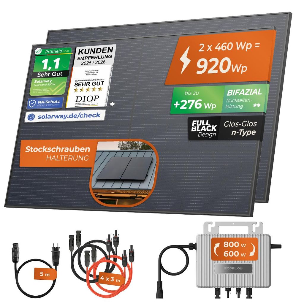 Solarway® 920Wp / 800W Balkonkraftwerk komplett Steckdose - Produktbild 