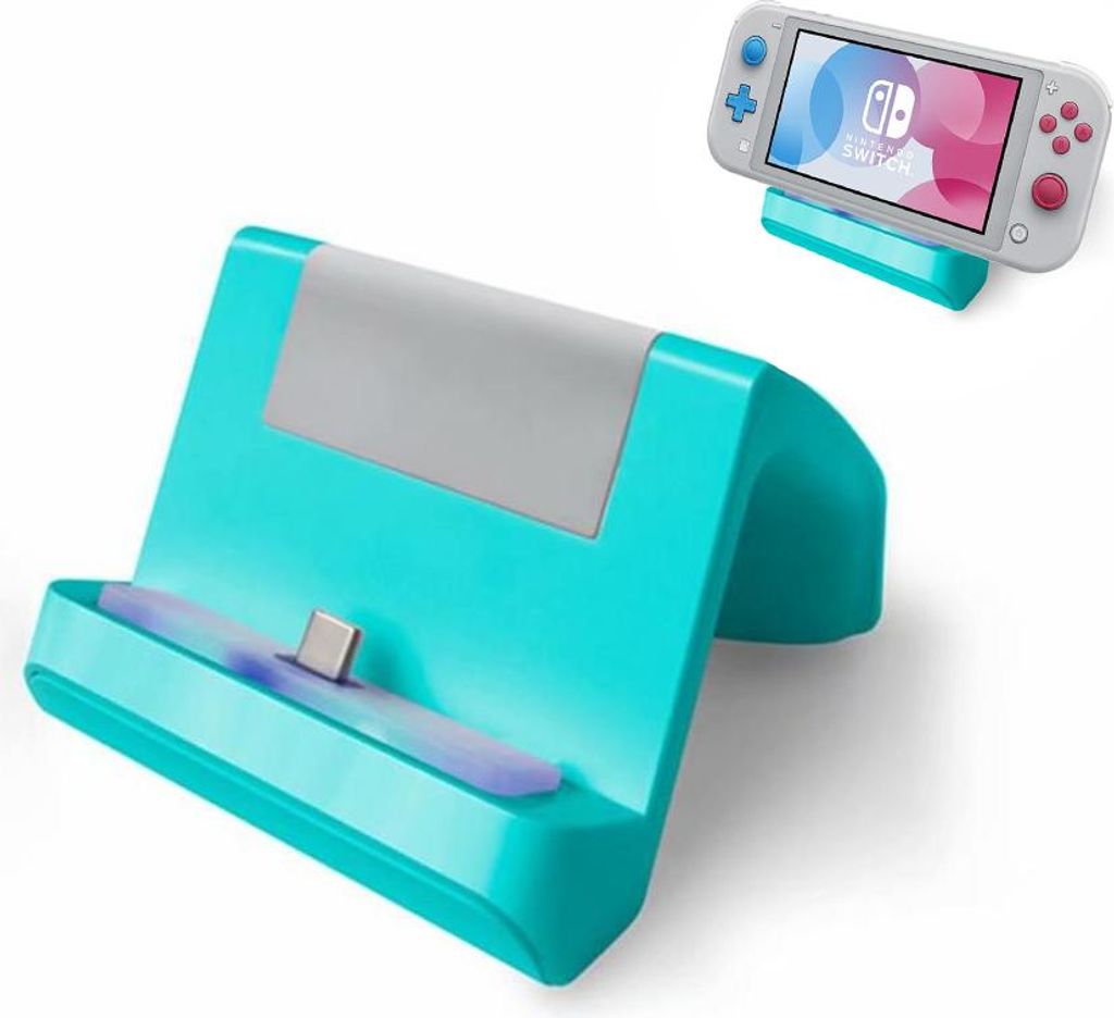 A teal charging dock for a Nintendo Switch Lite is shown, with a smaller inset image of the Switch Lite console itself docked and displaying its screen.