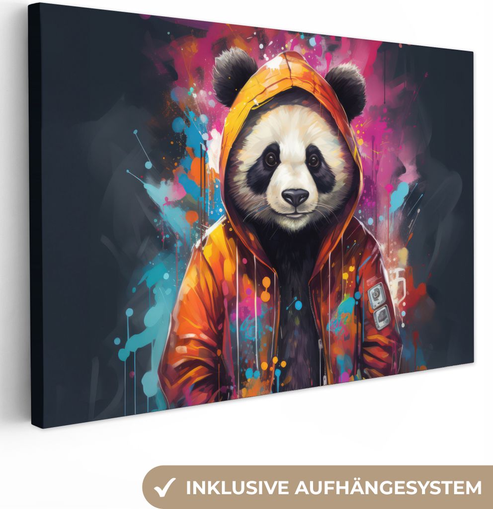 Leinwandbilder 120x80 cm - Graffiti - Panda - Mantel - Orange, Bilder Wohnzimmer Modern, Wanddeko
