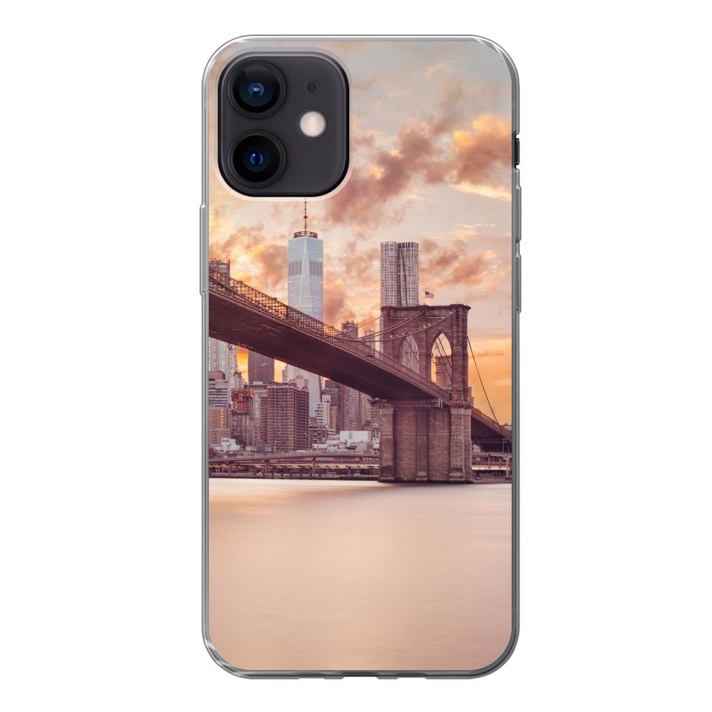 MuchoWow Handyhülle Schutzhülle Hülle für iPhone 12 Brooklyn Bridge und die New Yorker Skyline bei Sonnenuntergang Silikon Softcase Handy Hü...