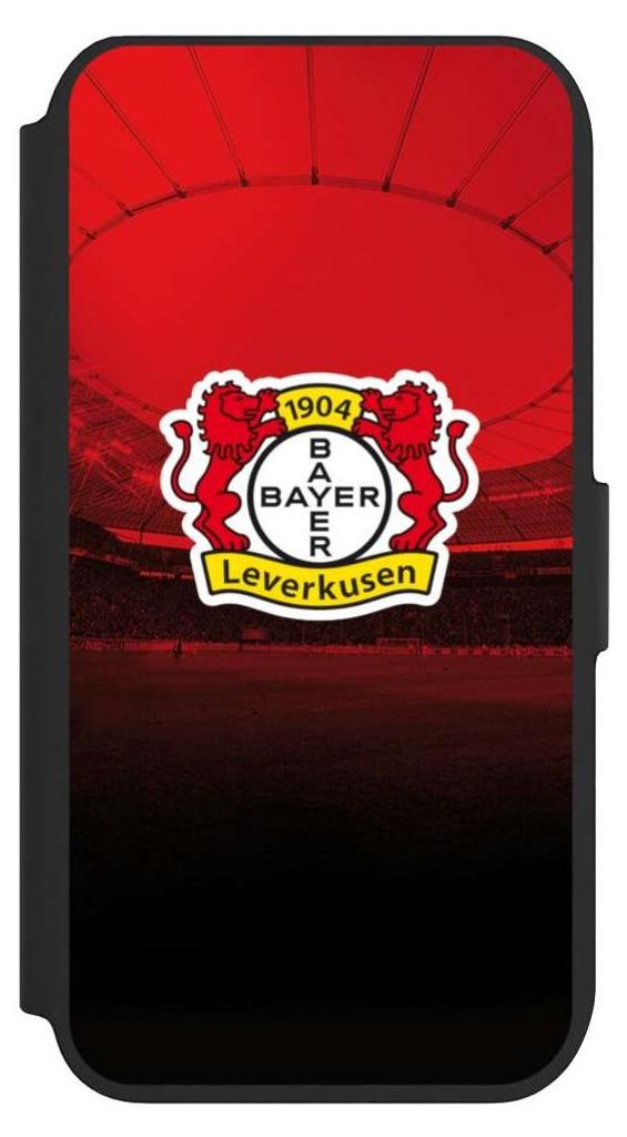NIVOCASE Klapphülle für Apple iPhone SE (2022) Handyhülle aus Kunst Leder NIVOflip schwarz Bayer 04 Leverkusen Offizielles Lizenzprodukt Stadion