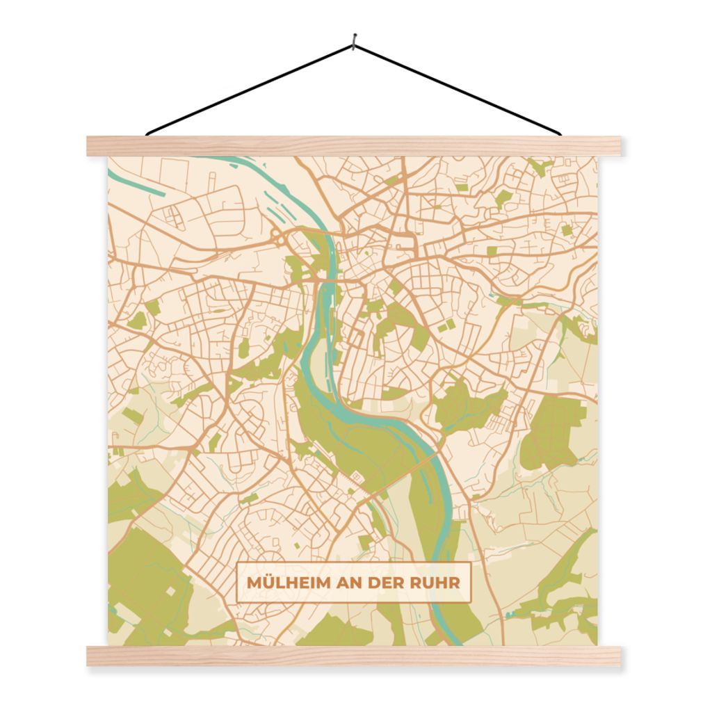 MuchoWow Textilposter Karte - Mülheim an der Ruhr - Vintage - Stadtplan 60x60 cm mit holzfarbenen Rahmen - Wanddekoration