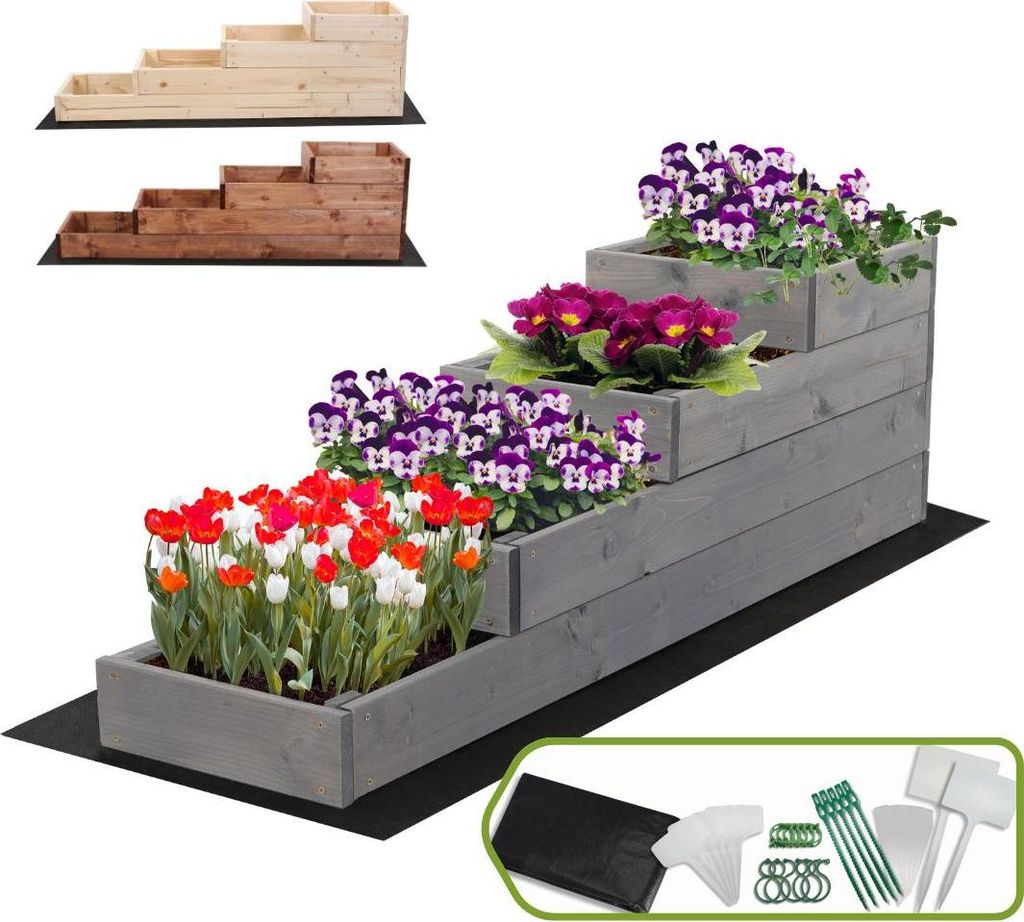 MODO24 Hochbeet Holz, Pflanzkasten, Massivholz, Kiefer, Kräuterbeet, Blumenkasten, Garten, Terrasse, 36x30x120 cm, Grau, ZP07