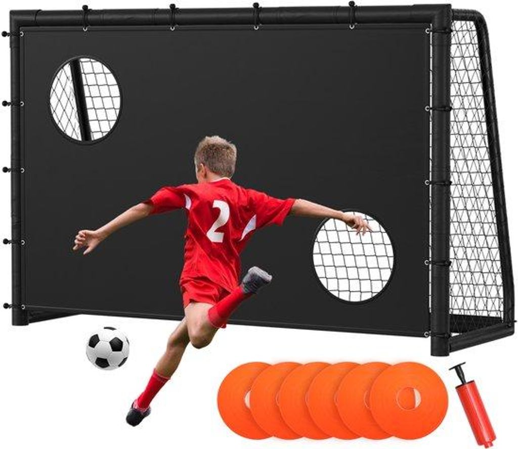 Gelbschwarzes Fußballtor 240 x 160 x 86 cm mit galvanisiertem Stahlrahmen und PE-Netz für Außenbereich