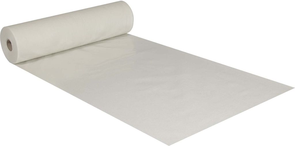 A roll of white protective sheeting is unrolled on a white surface.