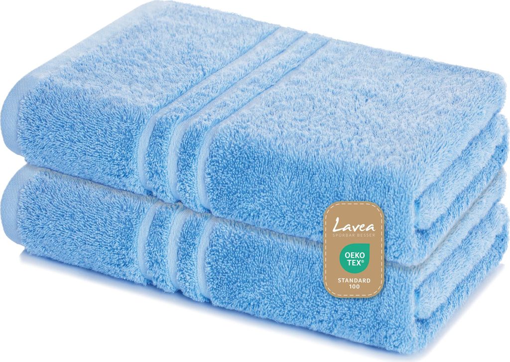 Lavea 2er Set Saunatuch 80x200 cm, XXL Badetuch, 100% Baumwolle Frottier, saugstark, pflegeleicht 60°C, Elena, Delphinblau