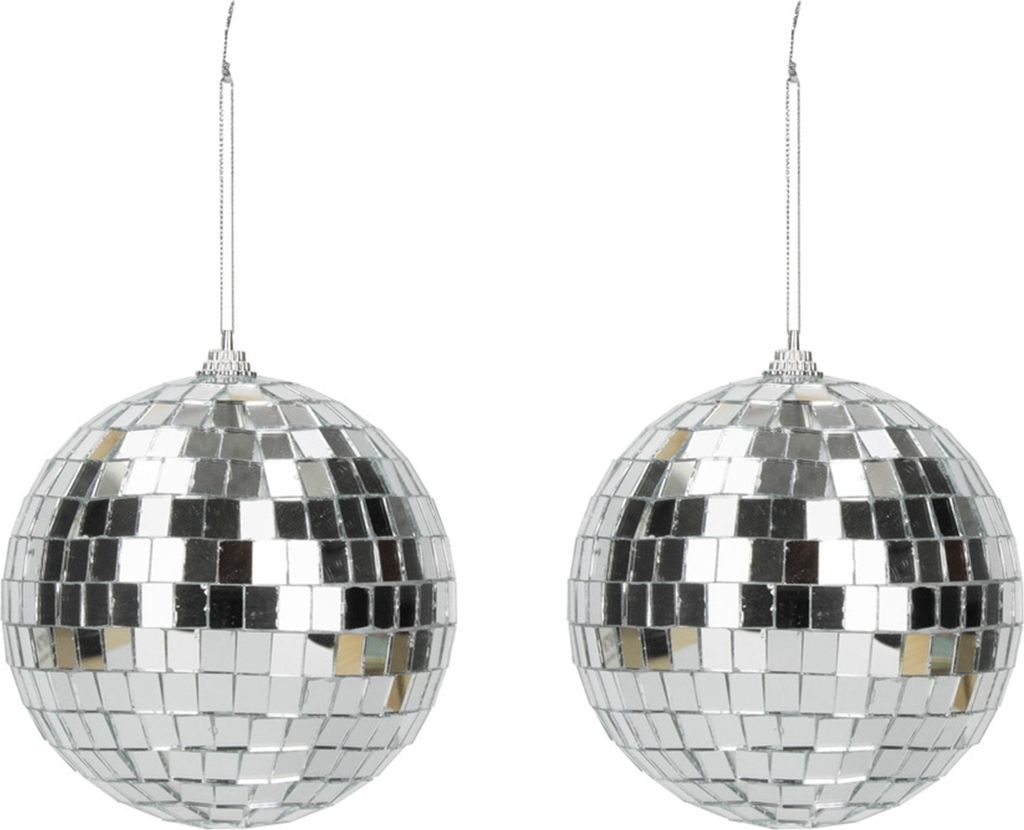 2er Set Diskokugeln Silber 10 cm im 70er Jahre Disco-Stil mit Aufhänge-Set