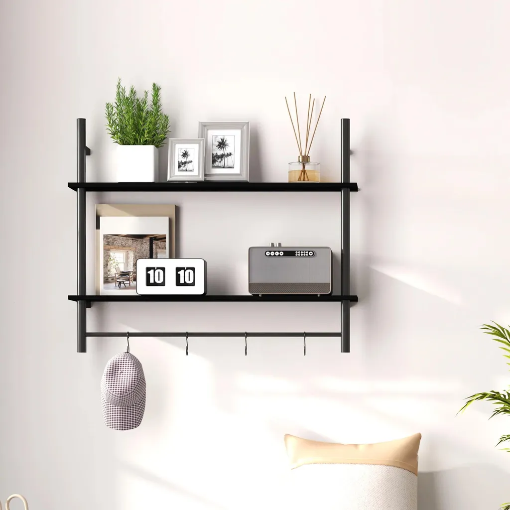 Étagère murale avec crochets noir 80x24x65 cm - Rangement 2 niveaux