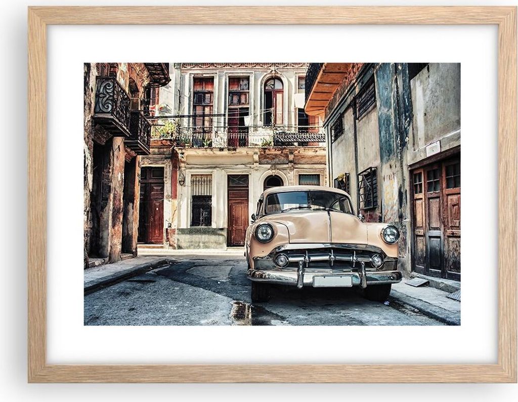 Gerahmtes Poster - Rahmen in heller Eiche - Kubanisch Auto Mietshäuser - 40x30 cm - Wand Bild - Wanddeko - Wandbilder - Kunstposter - Wandposter -...