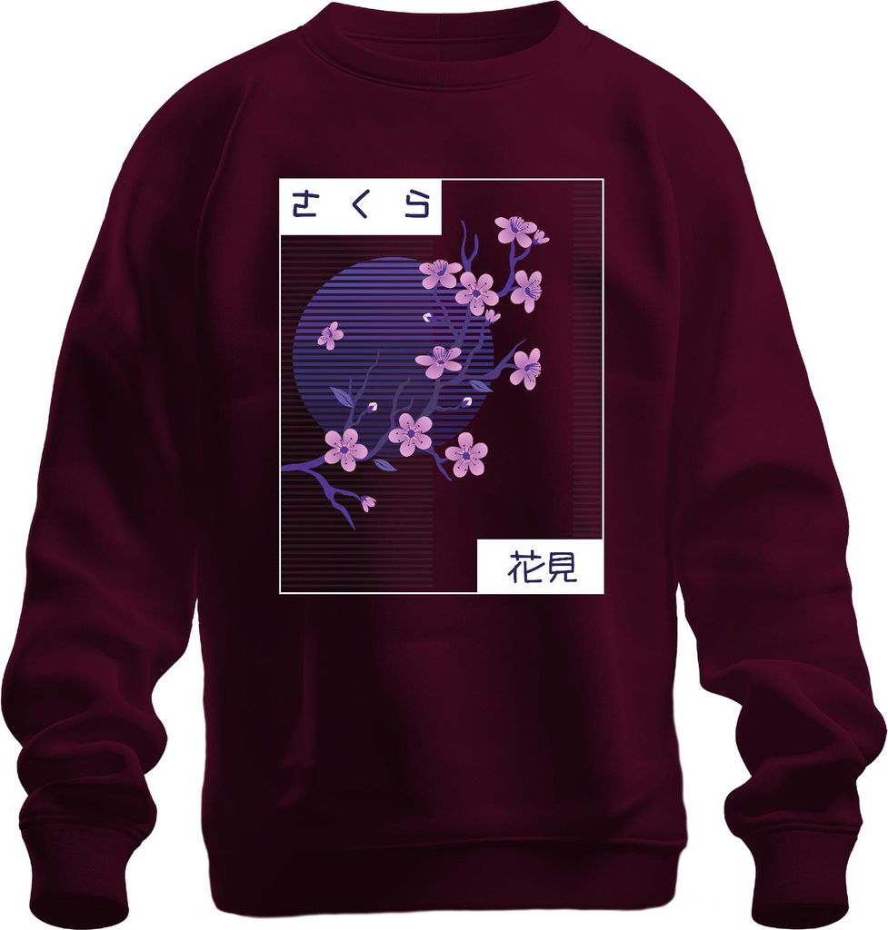 Kirschblüten Sakura さくら 花見 Hanami Japan Retro Vaporwave Nacht Uni Sweatshirt Pullover, Burgundy, 3XL