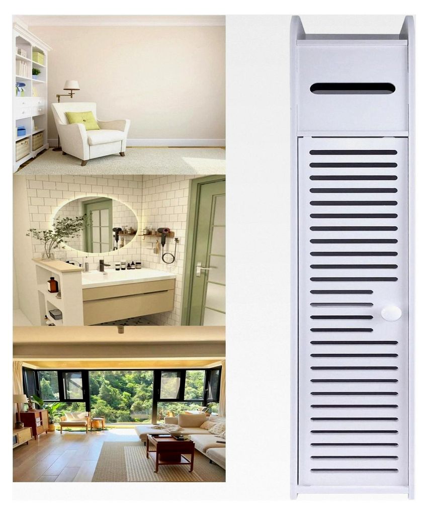 3-stufiges Holz-WC-Papier-Kabinett, freistehendes Badezimmer-Aufbewahrungssystem aus PVC mit Papierrollenhalter und Tür, platzsparendes Regal für...