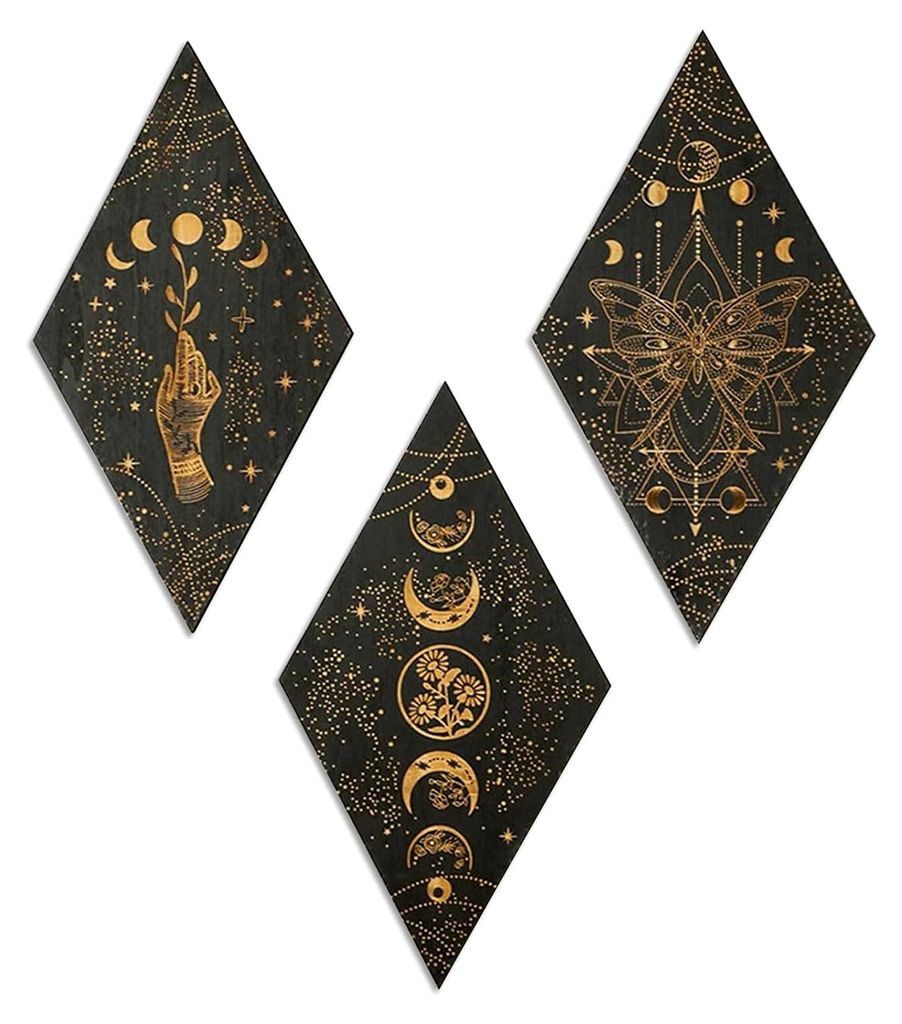 Wanddekoration für das Wohnzimmer, 3 Stück Mondphasen Wanddeko, rhombische Holzdekoration, Wanddeko für das Schlafzimmer, Mandala Holz Boho Wand...