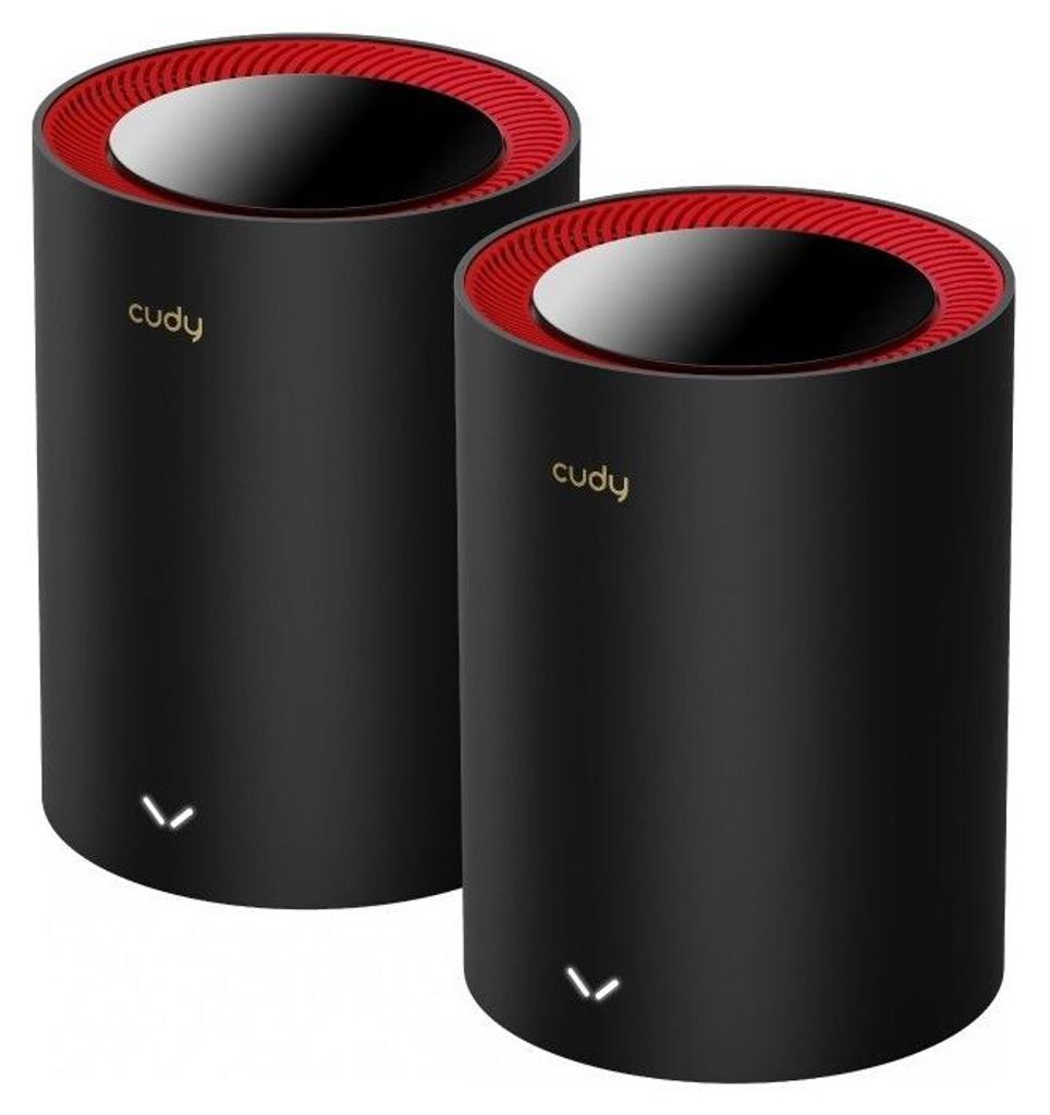 Two black cylindrical devices with red rims and gold branding are shown against a white background.