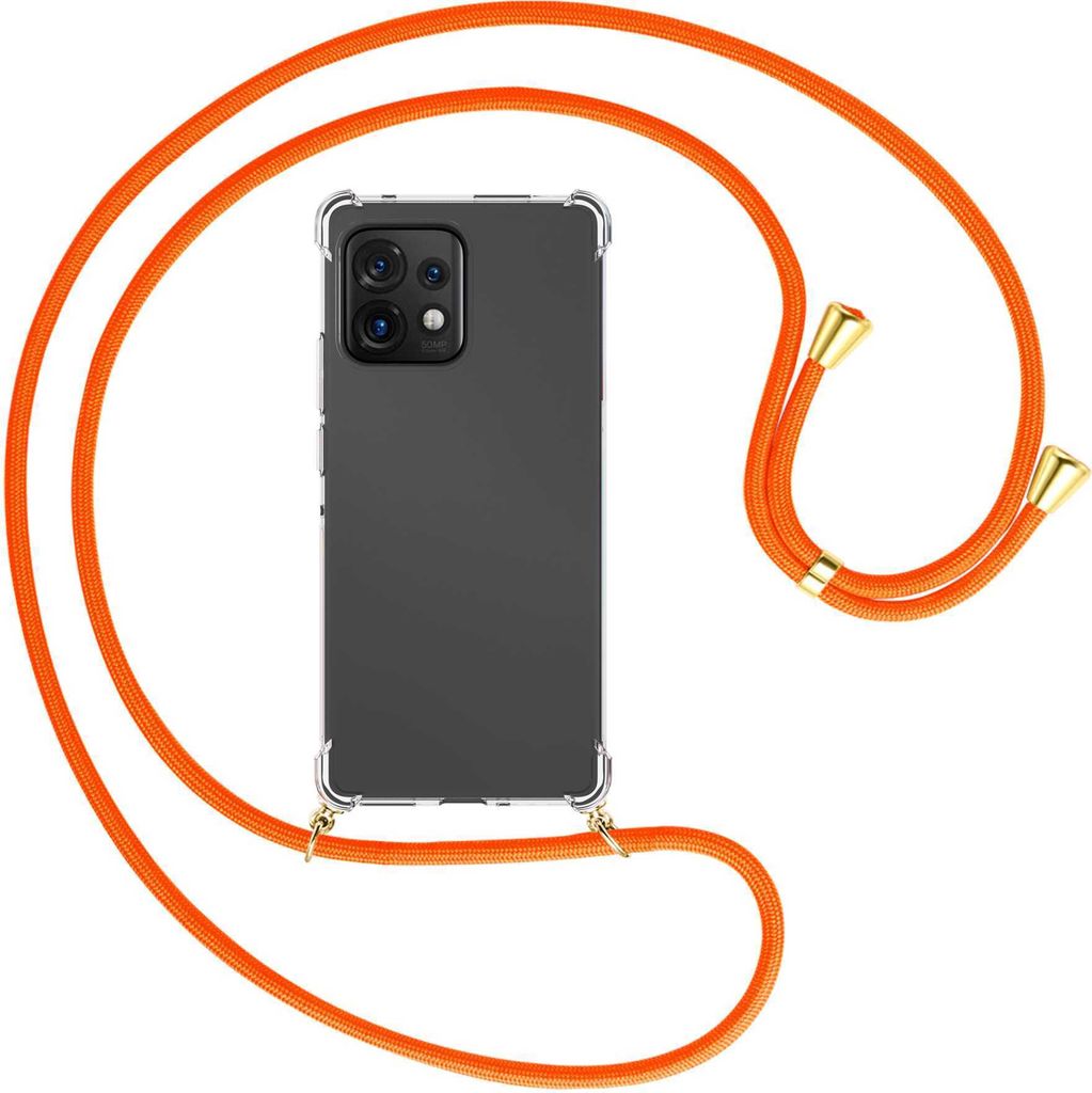 Handykette Backcover-Schutzhülle mit Band (Metall goldfarben) für Motorola Edge 40 Pro (Moto X40) - neonorange