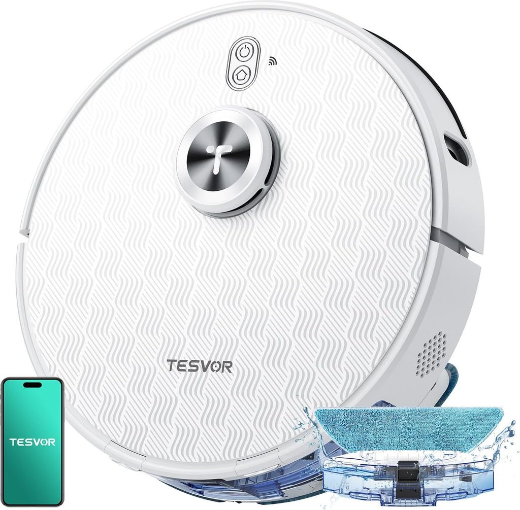 Tesvor Saugroboter mit Wischfunktion, 6000Pa Staubsauger Roboter, LiDAR-Navigation, 180 Min Laufzeit, Hindernisvermeidung – Perfekt für Tierhaar...
