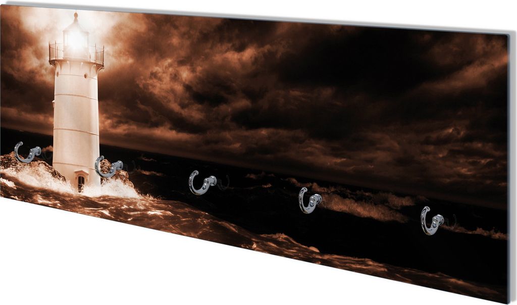 Wallario Flurgarderobe Wandgarderobe aus Glas, mit 5 Haken, Größe 80 x 30 cm, Motiv Abstrakter Leuchtturm im Wasser bei stürmischer See