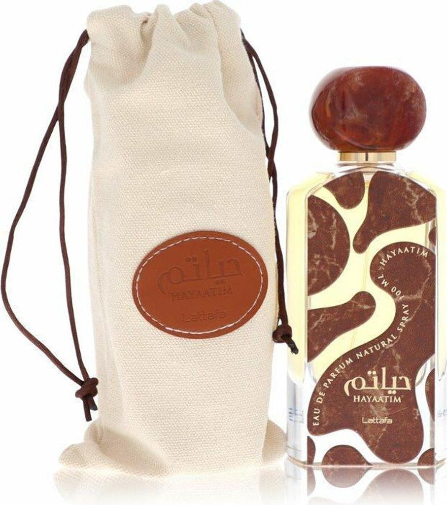 A perfume bottle and its fabric pouch are displayed against a white background.