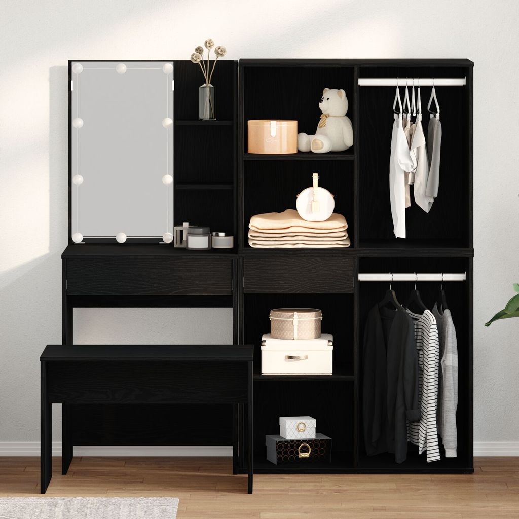 Schminktischset mit LED in Schwarz Eiche aus Holzwerkstoff, LED Schminktisch in Schwarz Eiche, 60x40x140 cm, aus Holzwerkstoff, Kosmetikschrank in ...