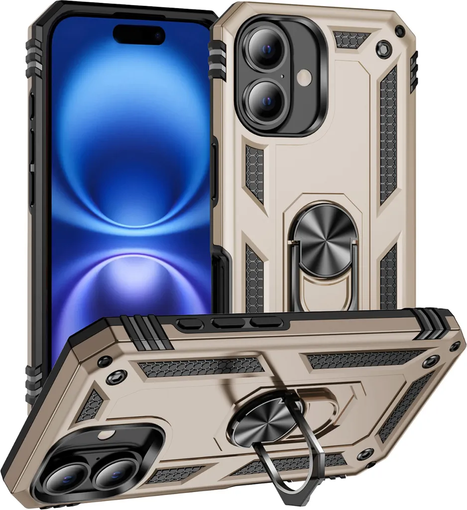 Cover iPhone 16 Doppio Strato Antiurto Oro con Cavalletto e Anello