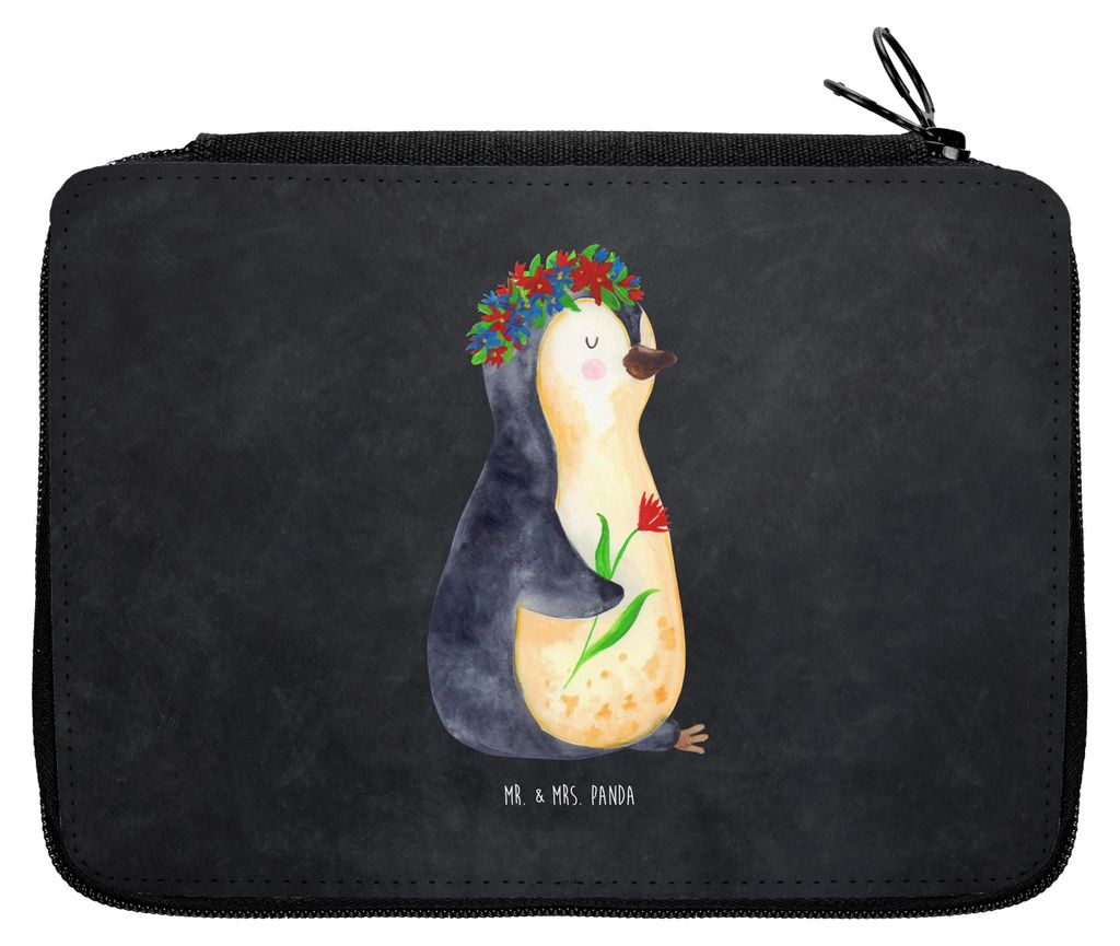 Mr. & Mrs. Panda Federmäppchen Pinguin Blumen - Kreidetafel - Geschenk, Etui, Bleistiftetui, Leben, Geschenkidee, Federmappe, Blumenkranz, Wunders...