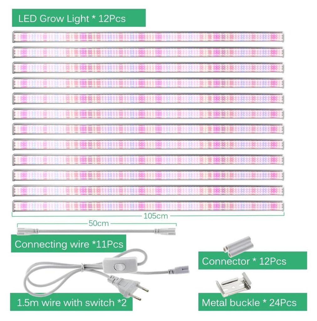 LED Pflanzenlampe - Grow Lichtleiste - 12er Set - Vollspektrum 4000K 660/730/395nm - SMD2835 - IP65 - AC 100–265 V - Für Gewächshaus & Growzelt