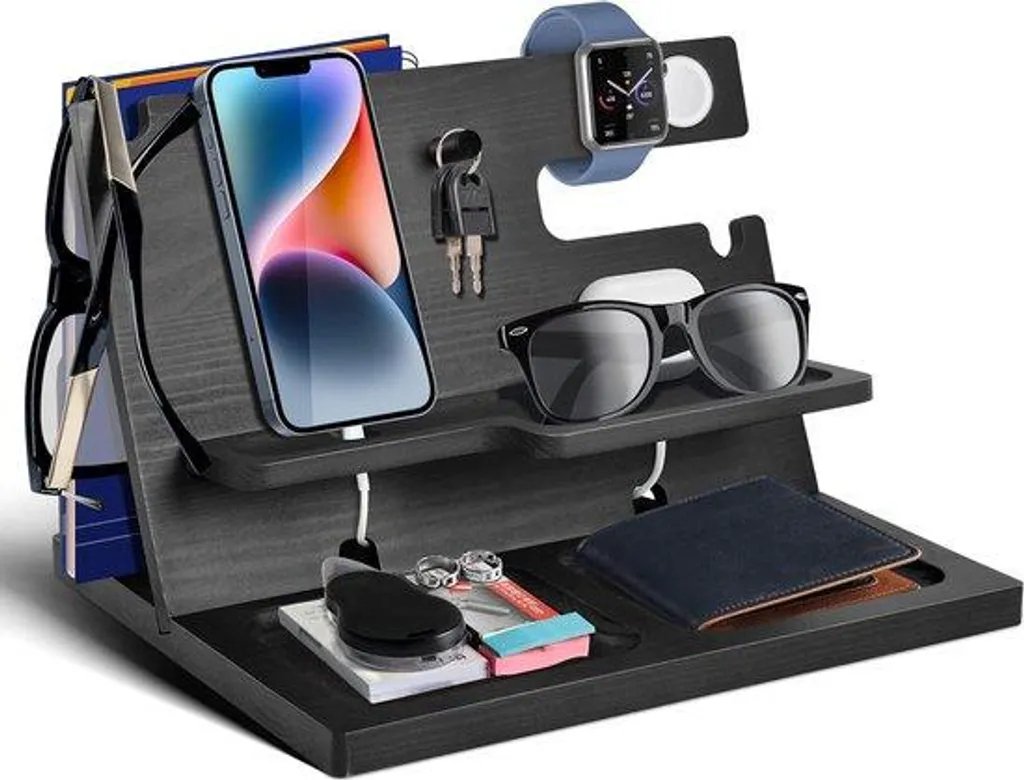 Organiseur de table de chevet en bois pour smartphone et accessoires