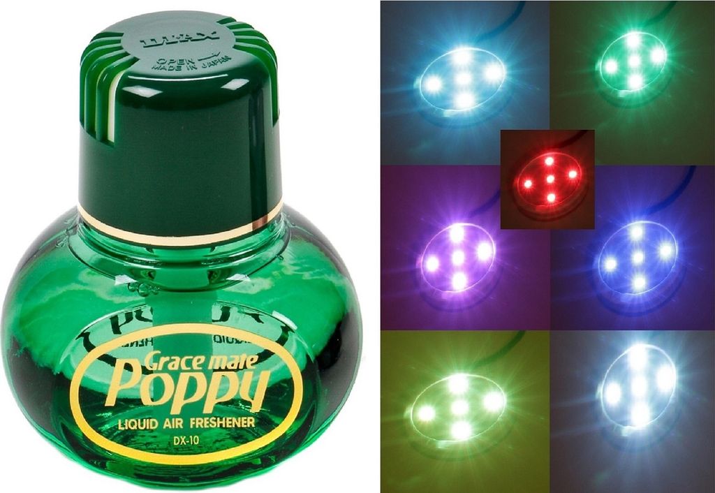 Original Poppy Lufterfrischer mit LED-Beleuchtung, 5 Volt USB-Stecker, 5 LEDs 7 Farben Farbwechsel, Duft Pinie Inhalt 150 ml, für LKW, PKW, Boot, ...