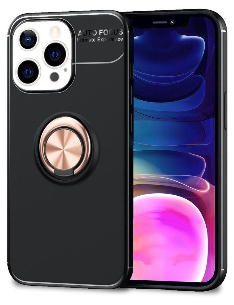 A black iPhone case with a rose gold ring stand is shown next to an iPhone displaying a colorful wallpaper.