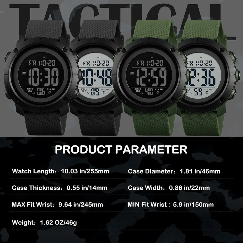 Findtime Orologio Sportivo Uomo Tattico – Impermeabile 3 ATM, Luminoso, Cinturino Silicone/tela, 46mm