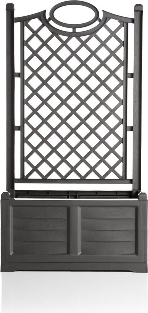 A dark gray planter with a trellis attached, shown against a white background.