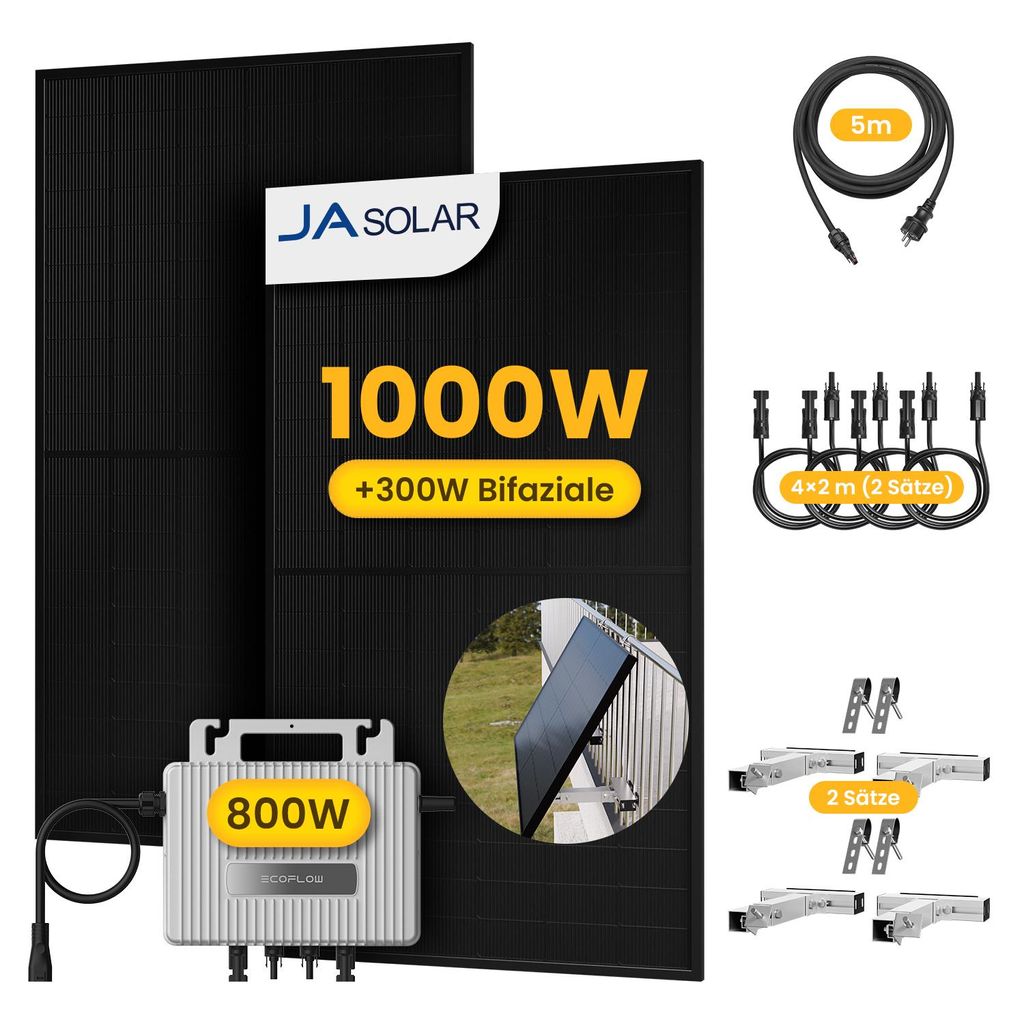 Powerness Balkonkraftwerk, JA Solar 1000W Bifazial Glas-Glas Module und EcoFlow 800W Mikro-Wechselrichter & 4x MC4 Kabel, 2x Balkon-Halterung (Silber)