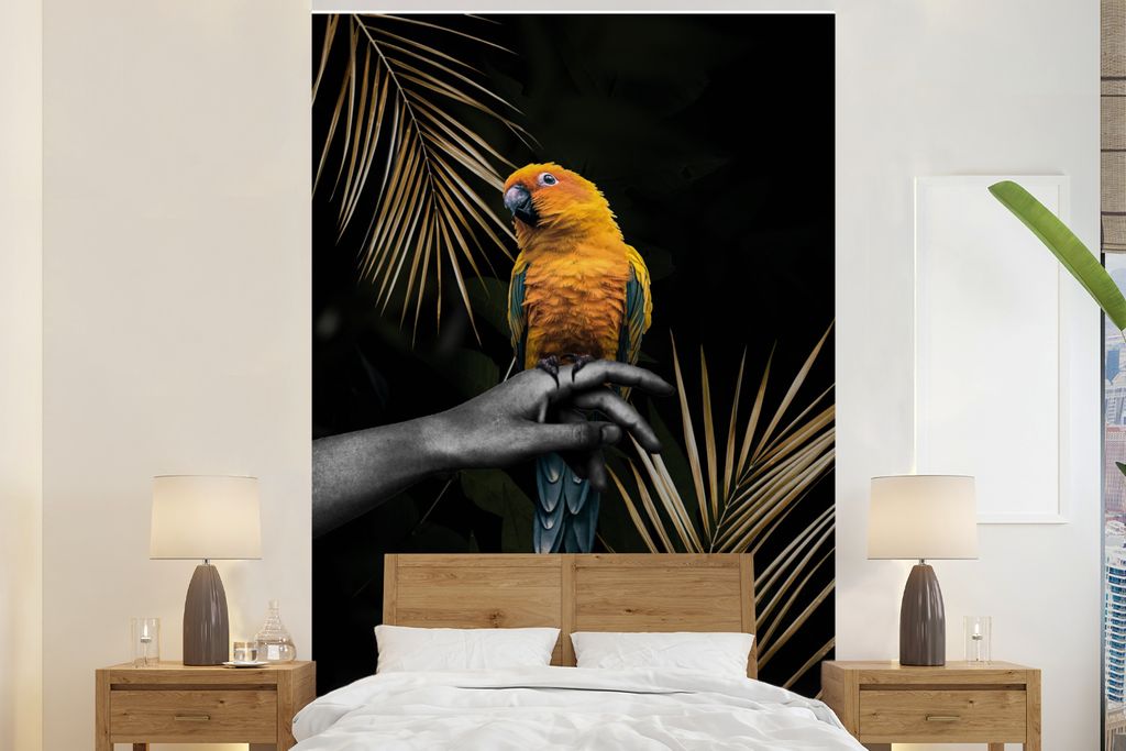 MuchoWow Fototapete für Wohnzimmer oder Schlafzimmer Wandtapete Vinyl Motivtapete Papagei - Zweig - Dunkel - 160x240 cm - Vinyltapete