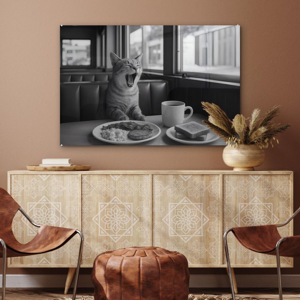 MuchoWow Glasbilder - Bilder auf Wandbild - Foto auf Glas Katze - Kaffee - Brot - Schwarz 90x60 cm Wanddekoration aus Glas - Acrylglasbild - Acrylb...