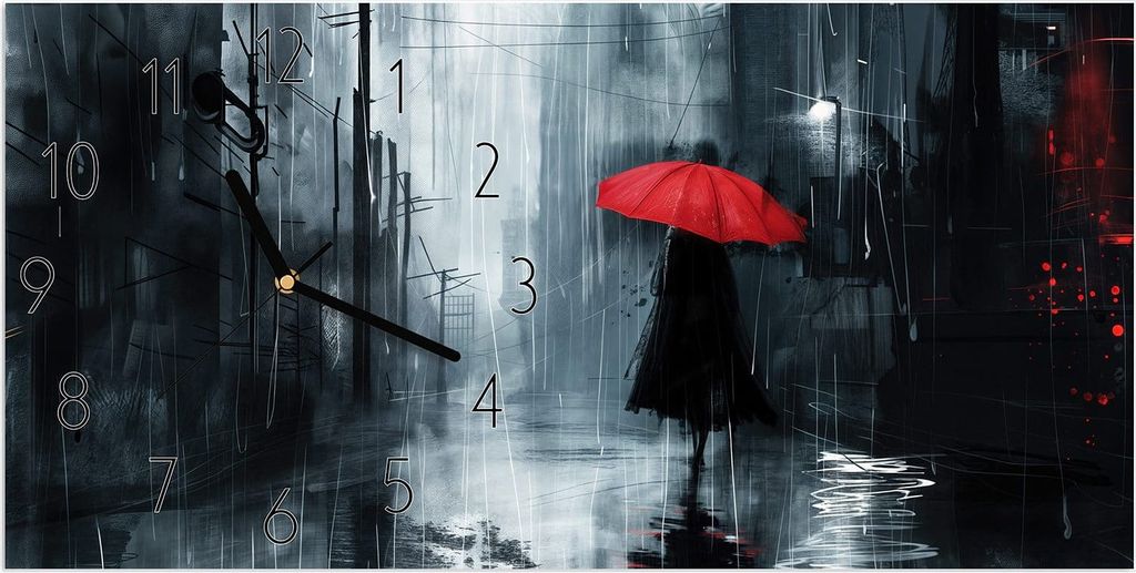 Wanduhr aus Glas mit Motiv Regenschirm im Regen- 60 x 30 cm - inkl. Aufhängesystem